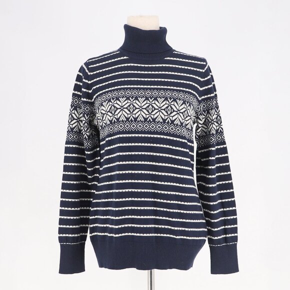 L.L.BEAN Fair Isle Stripe Turtleneck Sweater Cotton Cashmere Navy White Size M - Picture 1 of 6